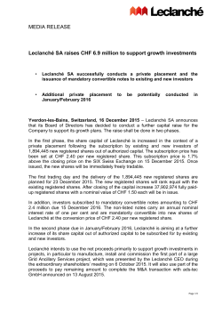 MEDIA RELEASE Leclanch&eacute; SA raises CHF 6.9 million to support