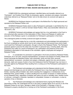FAMILIES FIRST OF PELLA ASSUMPTION OF RISK, WAIVER AND