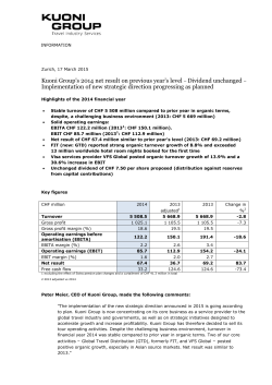 Kuoni Group`s 2014 net result on previous year`s level &ndash; Dividend