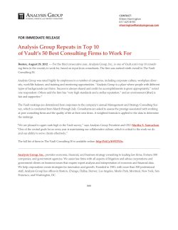Analysis Group Repeats in Top 10 of Vault`s 50 Best Consulting