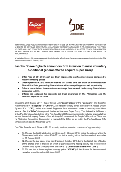 Jacobs Douwe Egberts announces firm intention to make voluntary