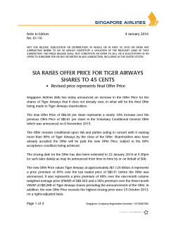 SIA RAISES OFFER PRICE FOR TIGER AIRWAYS SHARES TO 45