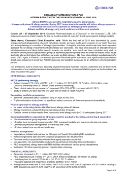 CIRCASSIA PHARMACEUTICALS PLC INTERIM RESULTS FOR