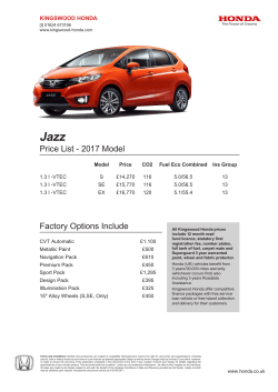 Price List - 2017 Model Factory Options Include