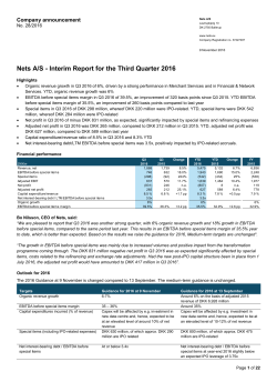 Nets A/S - Interim Report for the Third Quarter 2016