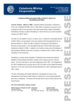 Caledonia Mining Corporation Accepts Offer of R70 million for the
