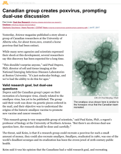 Canadian group creates poxvirus, prompting dual-use