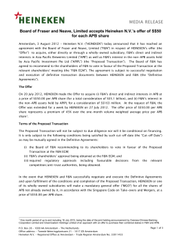 Board of Fraser and Neave, Limited accepts Heineken NV`s offer of