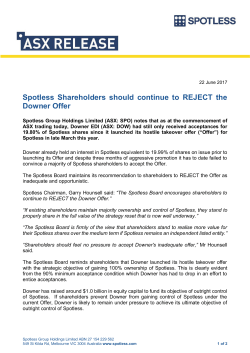 Spotless Shareholders should continue to REJECT the Downer Offer