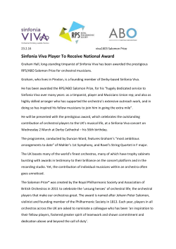 Sinfonia Viva Player To Receive National Award