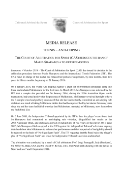 CAS reduces the ban of Maria Sharapova to fifteen months