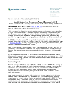 Land O`Lakes, Inc. Announces Record Earnings in 2015