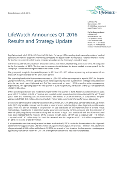 LifeWatch Announces Q1 2016 Results and Strategy Update