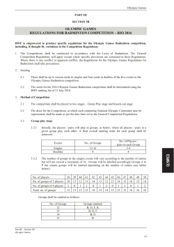 Olympic Games &ndash; Regulations for Badminton Competition &ndash; Rio 2016