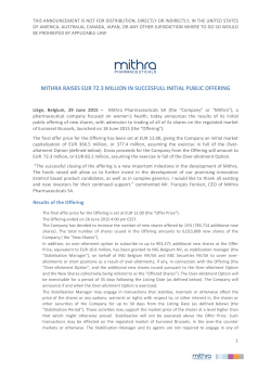mithra raises eur 72.3 million in succesfull initial public offering