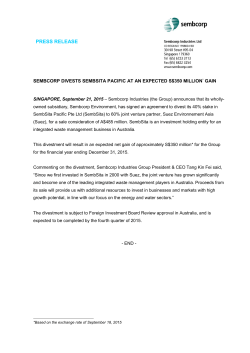 Sembcorp Divests SembSita Pacific at an Expected S$350 Million