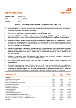 BHP BILLITON RESULTS FOR THE YEAR ENDED 30 JUNE 2016