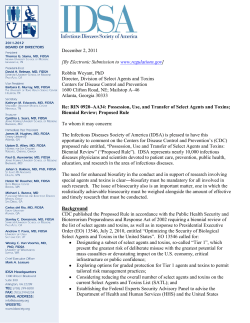 IDSA Comments on Select Agents and Toxins Proposed Rule