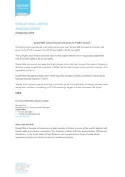 Synlait Milk Announcement Synlait Milk raises forecast milk price for