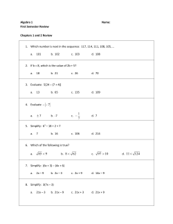 Algebra 1 Name: First Semester Review Chapters 1 and 2 Review