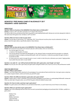 MONOPOLY PRIZE MANIA GAME AT McDONALD`S