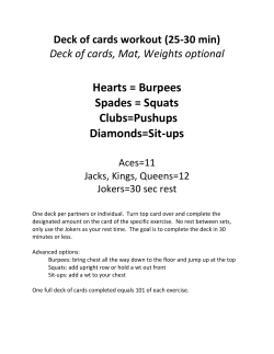 Hearts = Burpees Spades = Squats Clubs=Pushups Diamonds=Sit