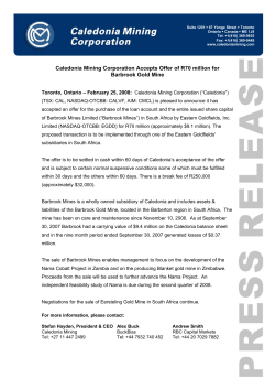 Caledonia Mining Corporation Accepts Offer of R70 million for the