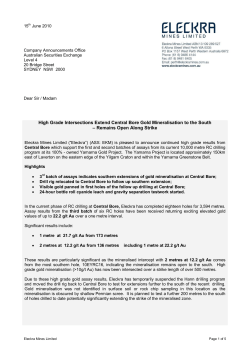 High Grade Intersections Extend Central Bore Gold Mineralisation to