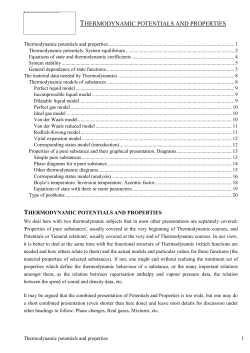 Thermodynamic potentials and properties