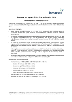 Inmarsat plc reports Third Quarter Results 2016