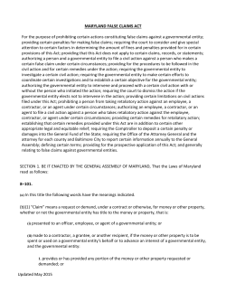 MARYLAND FALSE CLAIMS ACT For the purpose of prohibiting