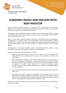 SUNDANCE RAISES A$40 MILLION WITH NEW INVESTOR