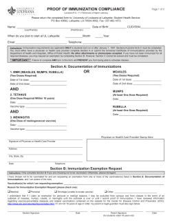 Proof of immunization form - University of Louisiana at Lafayette