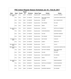PSC Indoor Regular Season Schedule Jan 18 – Feb 24, 2017