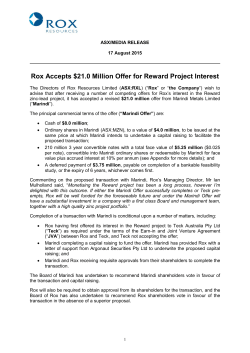 Rox Accepts $21.0 Million Offer for Reward Project