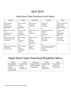 April 2015 Head Start/ State Preschool Breakfast Menu