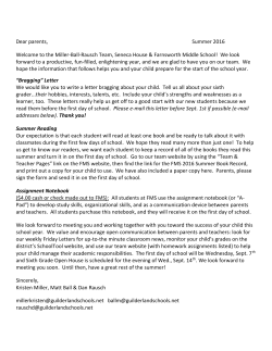 Dear parents, Summer 2016 Welcome to the Miller-Ball