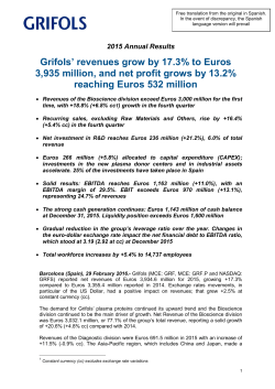 Grifols` revenues grow by 17.3% to Euros 3935 million, and net profit