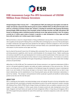 ESR Announces Large Pre-IPO Investment of US$300 Million from