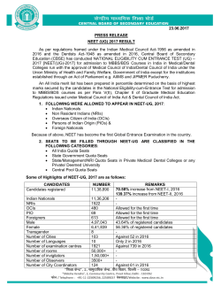 23.06.2017 PRESS RELEASE NEET (UG) 2017 RESULT As per