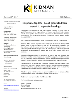 Corporate Update: Court grants Kidman request to separate hearings
