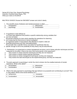 Spring 2014 Quiz One: General Psychology Instructor Charlotte
