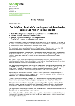 SocietyOne, Australia`s leading marketplace lender, raises $25