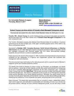 Avison Young a six-time winner of Canada`s Best Managed