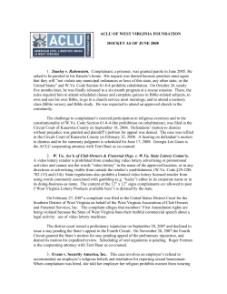 ACLU OF WEST VIRGINIA FOUNDATION DOCKET AS OF JUNE