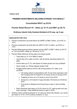 PREMIER INVESTMENTS DELIVERS STRONG 1H16 RESULT