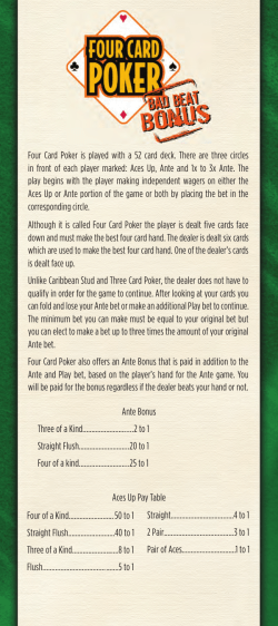 Four Card Poker is played with a 52 card deck. There are three