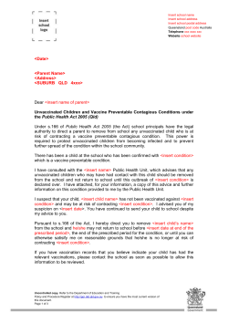 Letter NV1 - Principals direction to parent of unvaccinated child