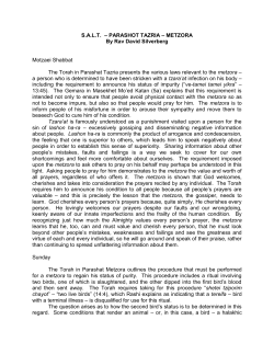 S.A.L.T. &ndash; PARASHOT TAZRIA &ndash; METZORA By Rav David