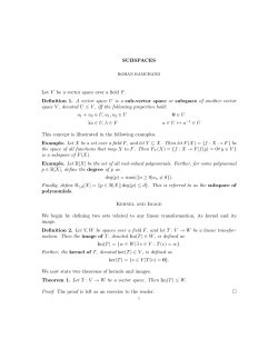 SUBSPACES Let V be a vector space over a field F. Definition 1. A